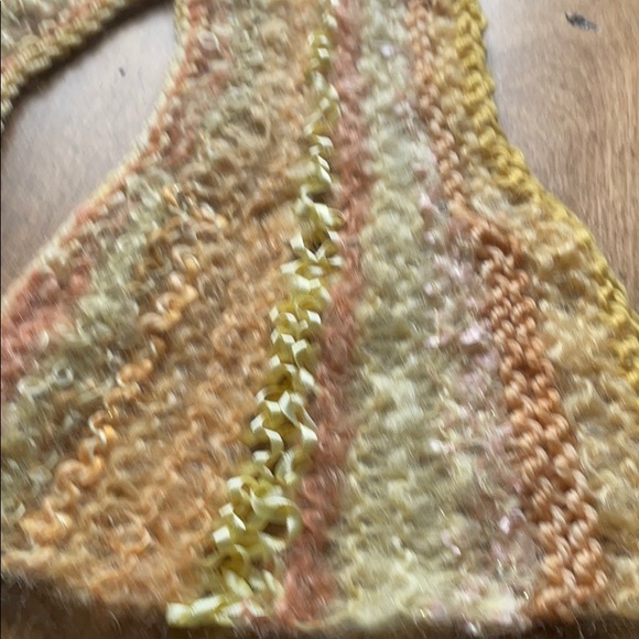 Yellow peachy tones handknit wool and ribbon scarf - Picture 2 of 4